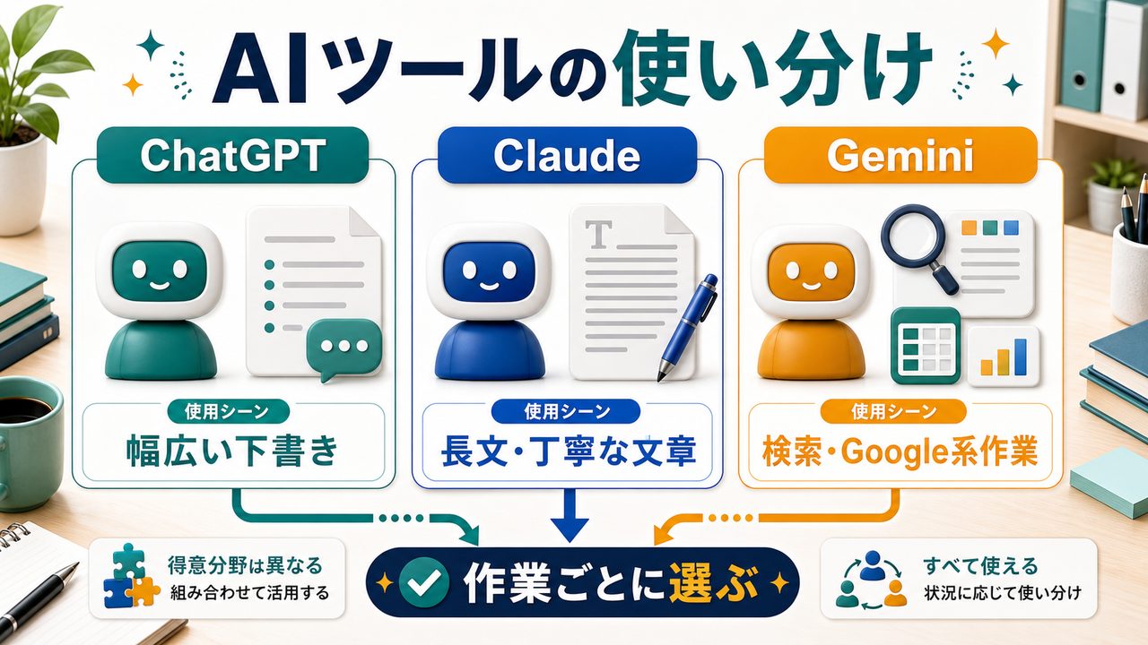 ChatGPT Claude Geminiの使い分けを説明する図解