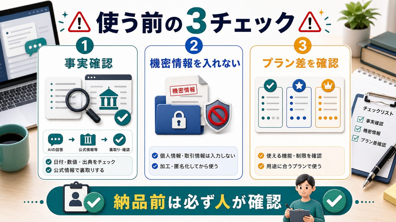 Geminiを使う前に確認すべき3つの注意点を説明する図解