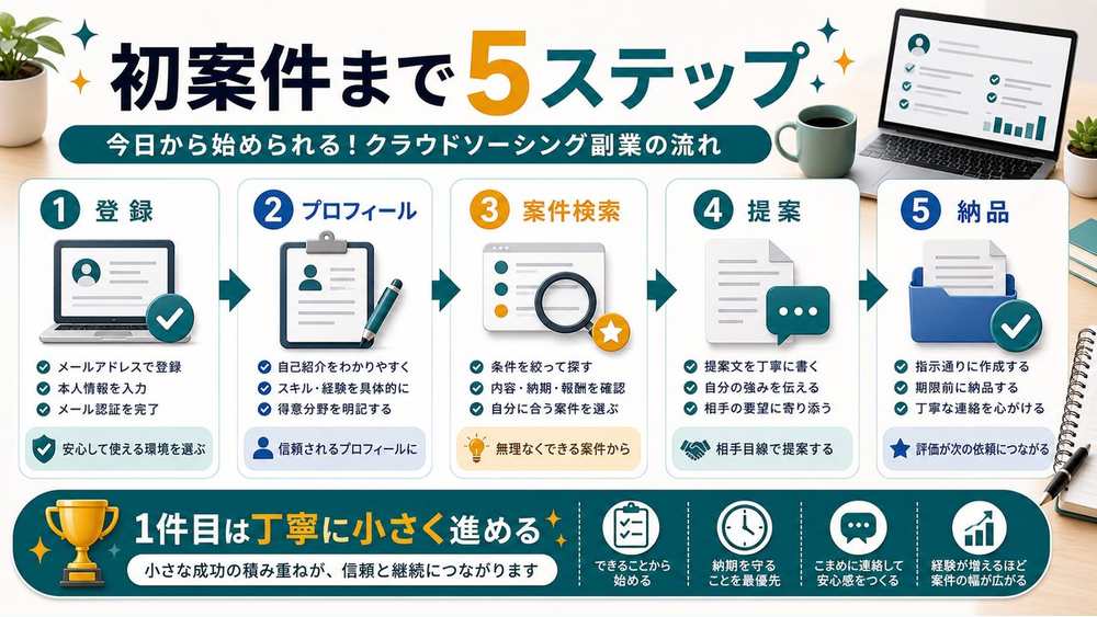 登録から初案件までの5ステップを説明する図解