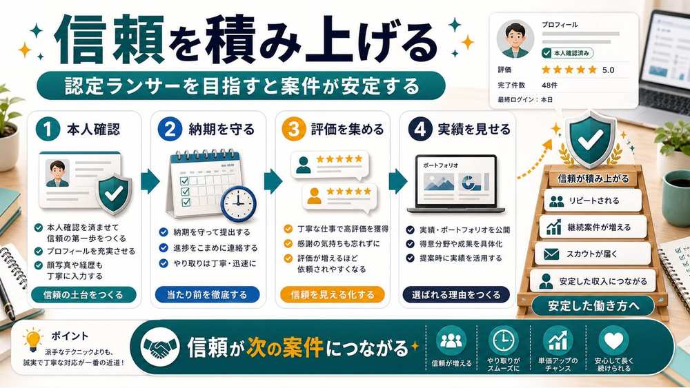 信頼を積み上げて案件を安定させる流れを説明する図解