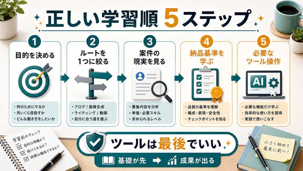 AI副業の正しい学習順番5ステップを説明する図解