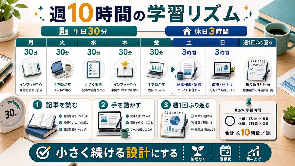 AI副業学習の週10時間の学習リズムを説明する図解