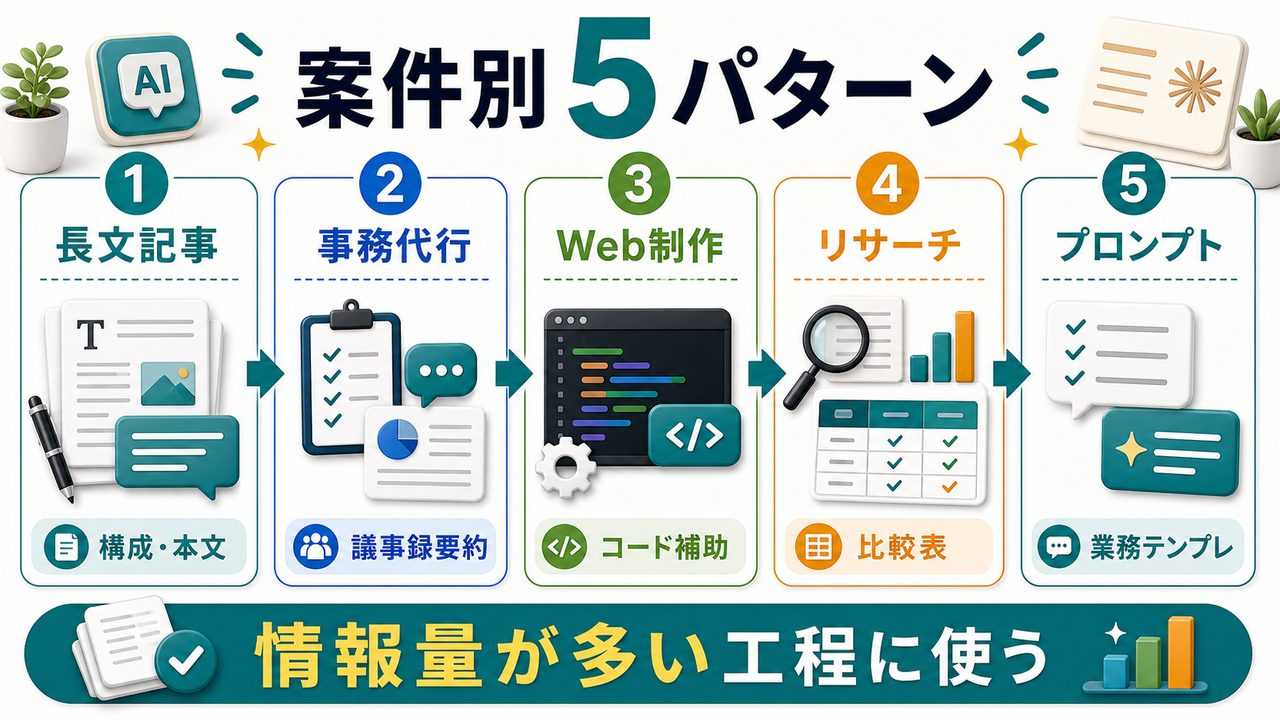 Claudeを副業案件別に使う5パターンを説明する図解