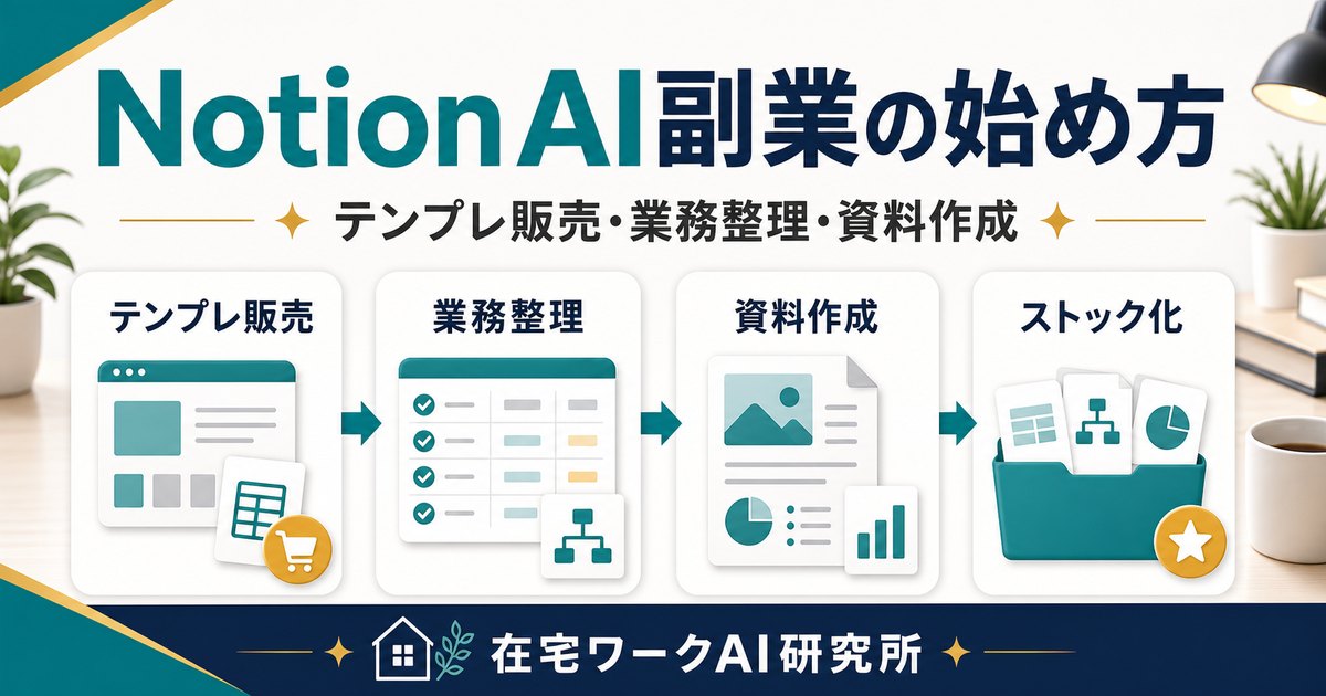 Notion AI副業の始め方を説明する在宅ワークAI研究所のアイキャッチ画像