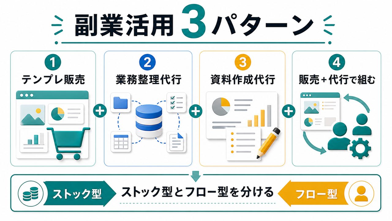 Notion AI副業のテンプレ販売・業務整理代行・資料作成代行の3パターンを説明する図