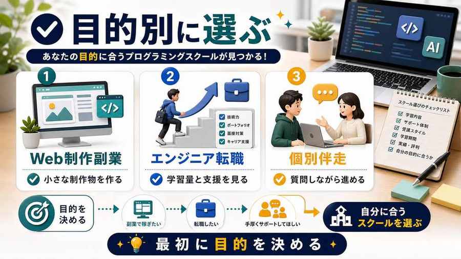 プログラミングスクールを目的別に選ぶ考え方を整理した図解