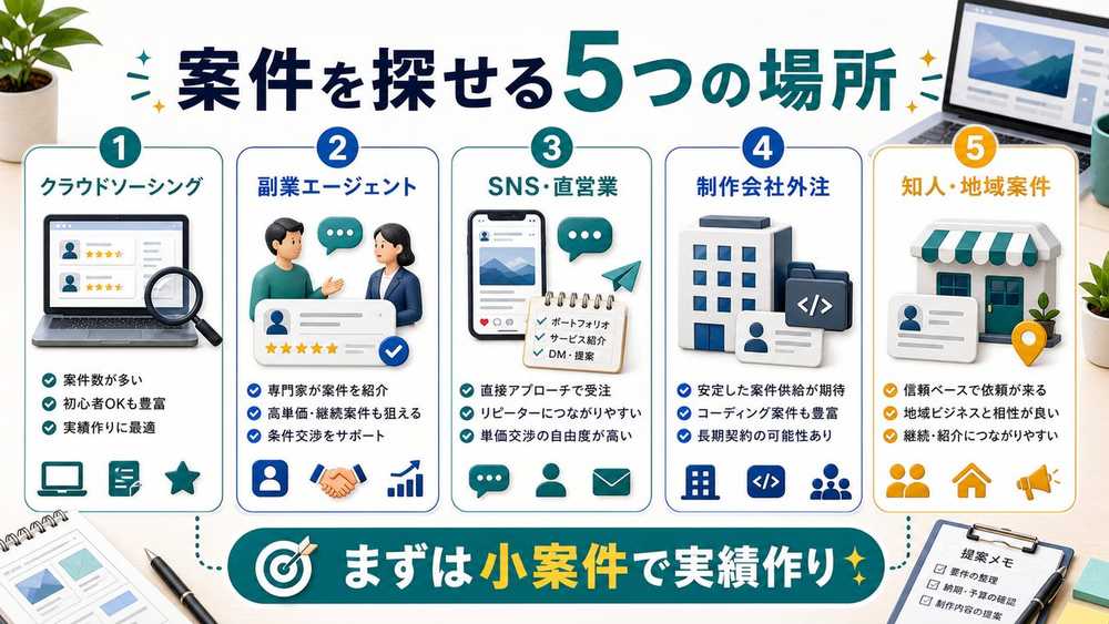 Web制作案件を探せる5つの場所を説明する図解