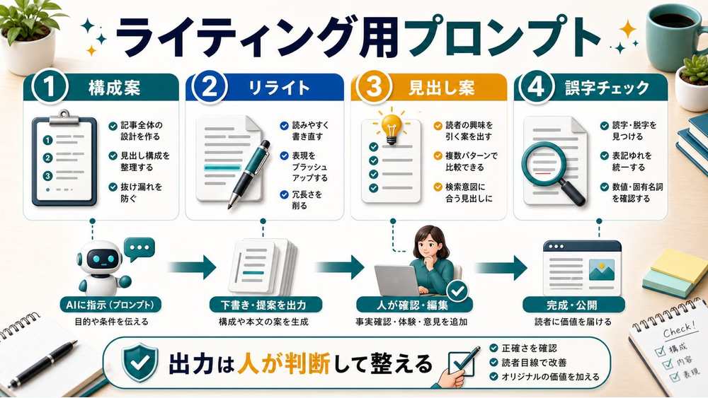 AIライティングで使えるプロンプト例を整理した図解