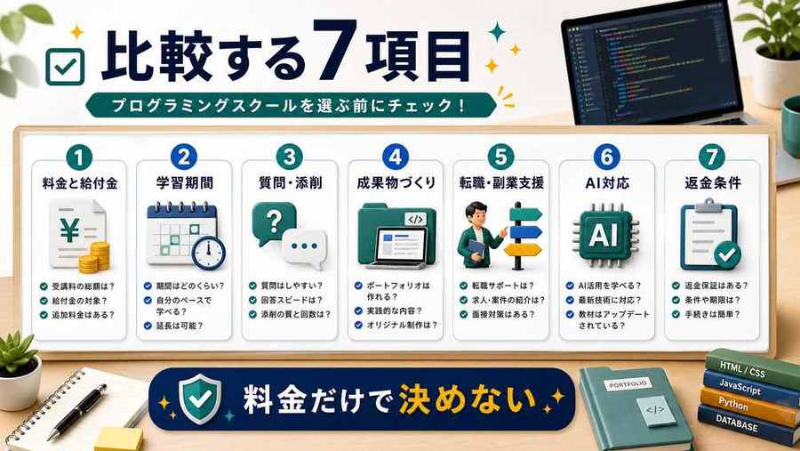 プログラミングスクールの比較基準7項目を整理した図解