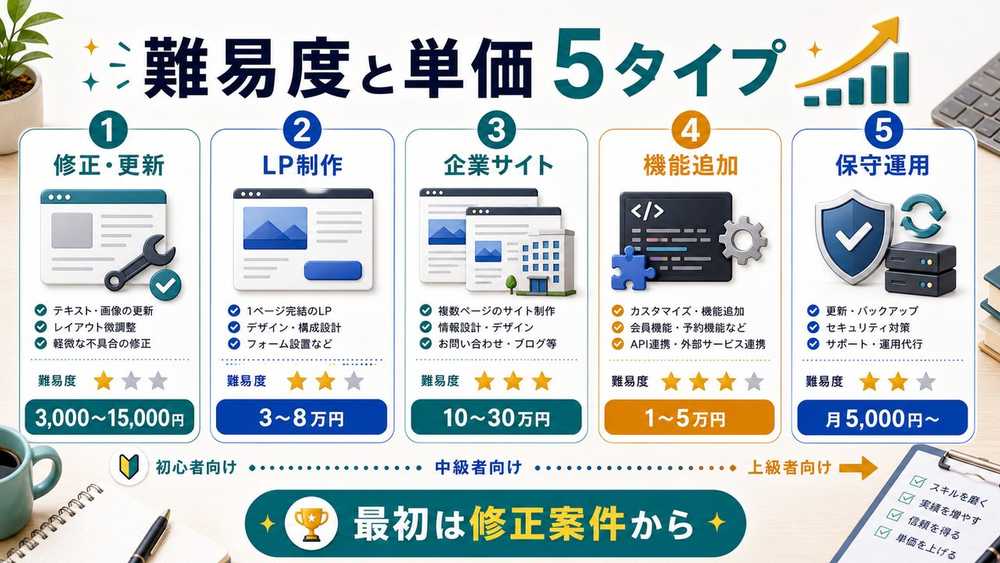 Web制作案件タイプ別の難易度と単価目安を説明する図解