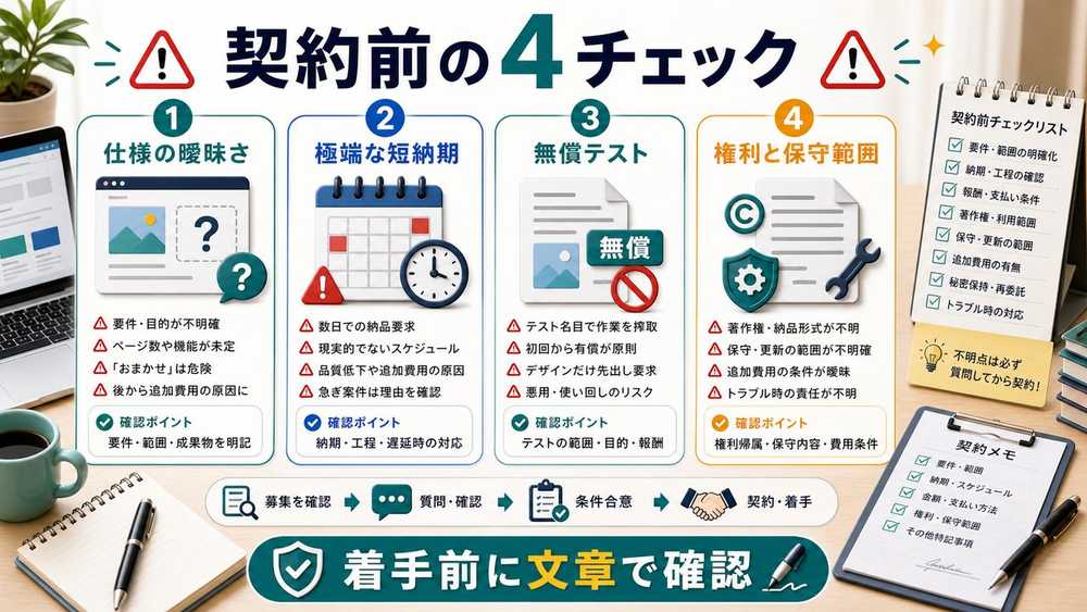 Web制作案件の地雷案件と契約前チェックを説明する図解