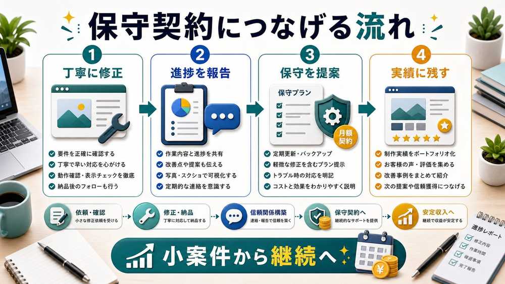 Web制作案件を継続・保守契約につなげる流れを説明する図解