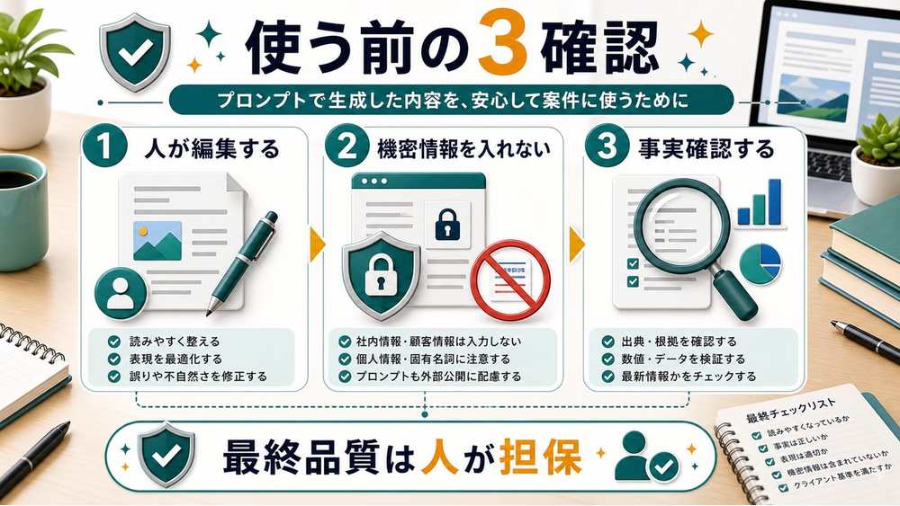 プロンプトを使うときの3つの注意を説明する図解