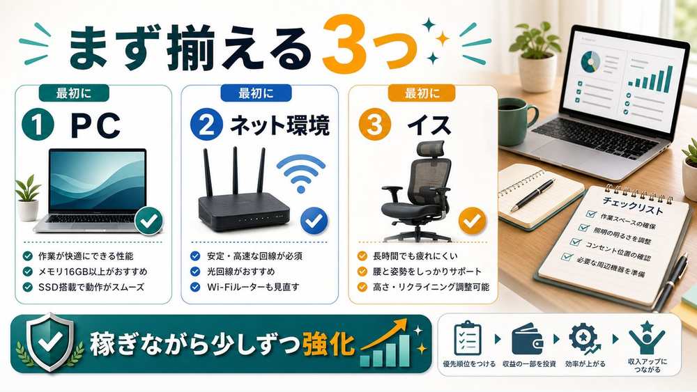 在宅ワークでまず揃えるPC・ネット環境・イスを説明する図解