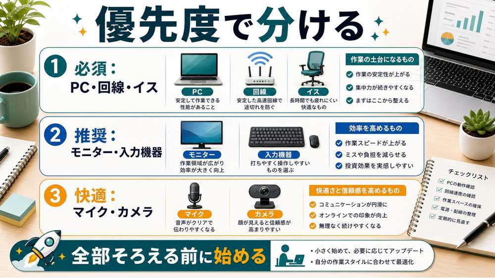 AI副業に必要な環境を優先度で分けた図解