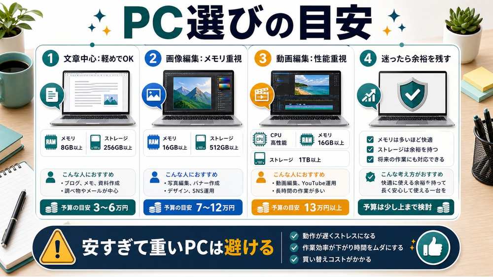 AI副業向けPC選びの目安を説明する図解
