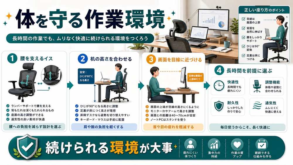 長時間作業のためのイスとデスク選びを説明する図解