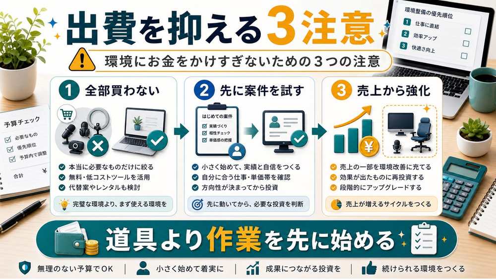 作業環境にお金をかけすぎないための注意点を説明する図解