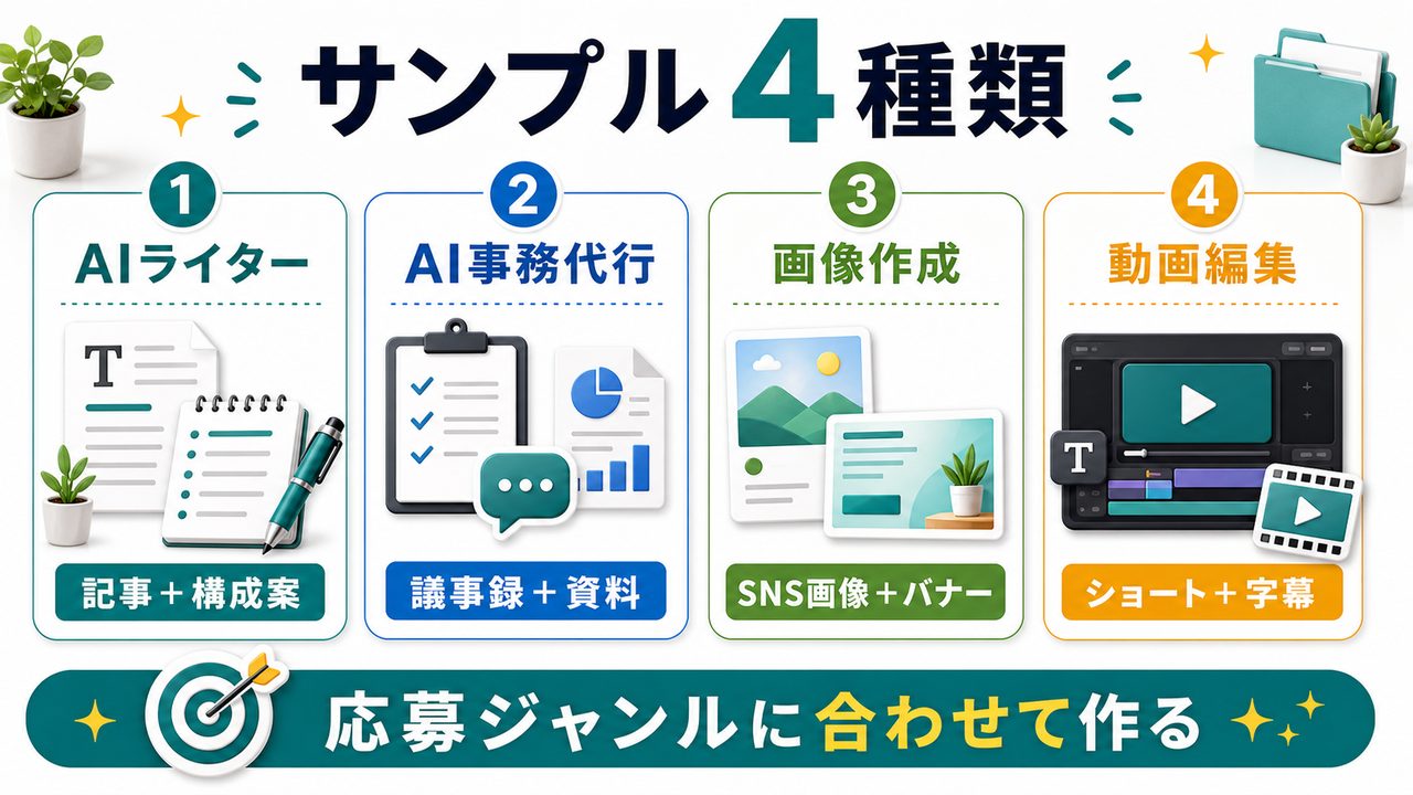 AI副業ポートフォリオで作るサンプル4種類を説明する図解
