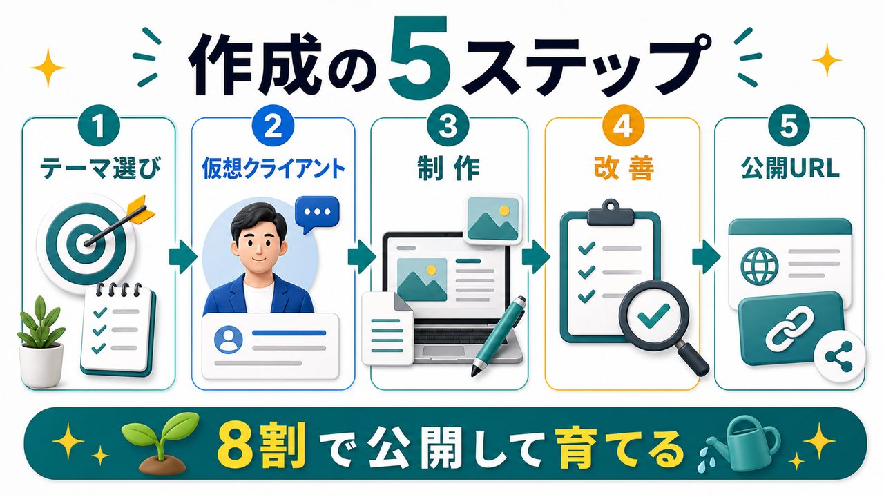 ポートフォリオ用サンプル作成の5ステップを説明する図解