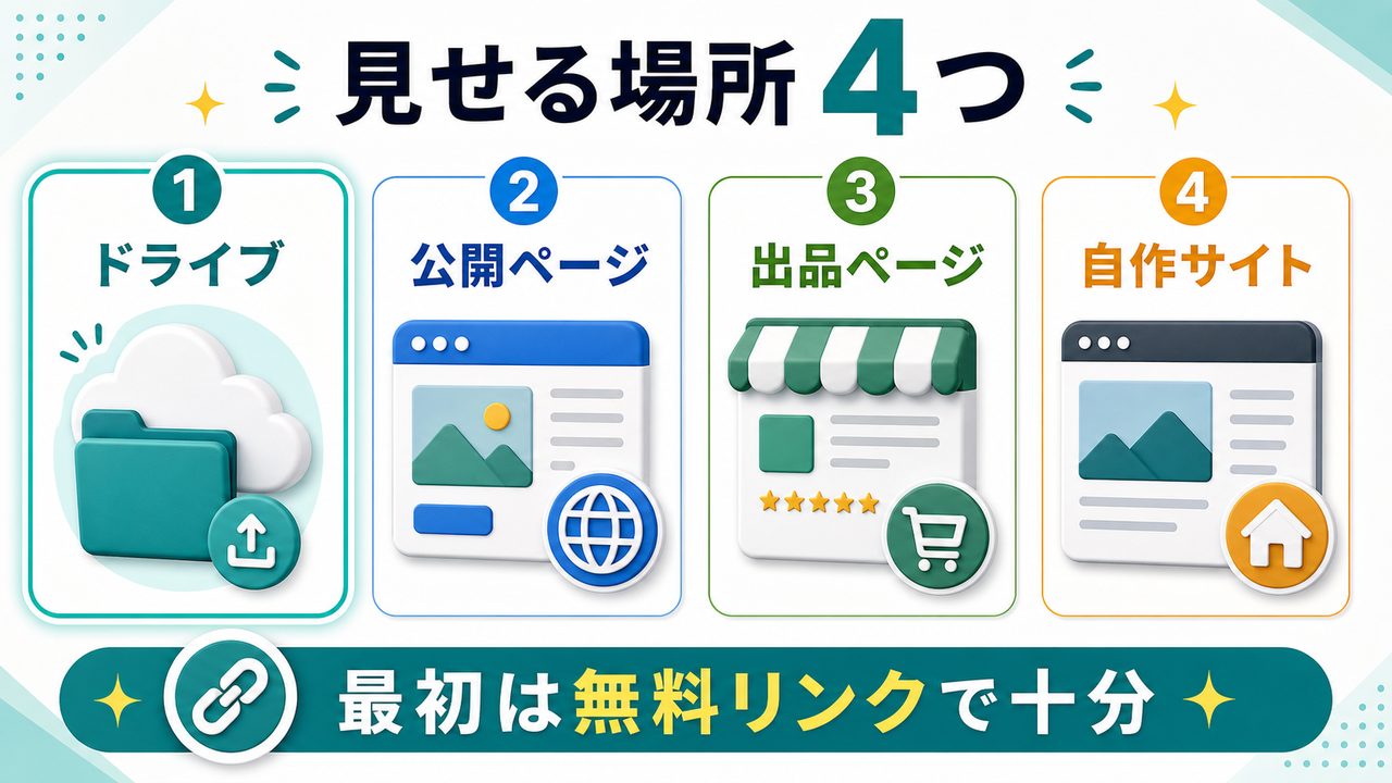 ポートフォリオを見せる4つの場所を説明する図解