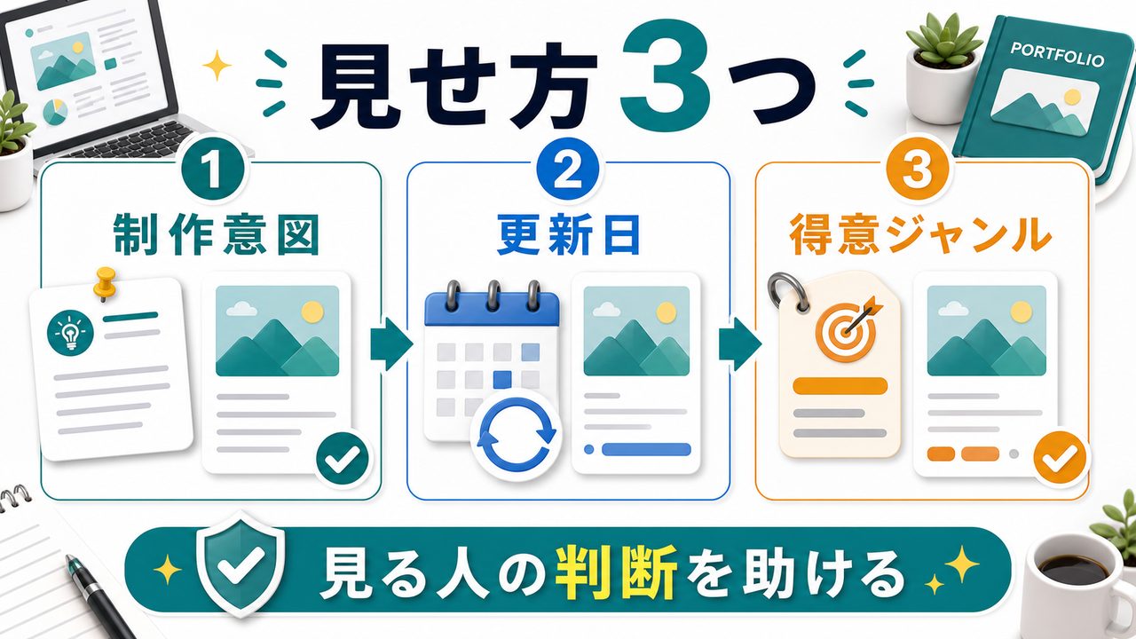 採用率を上げるポートフォリオの見せ方3つを説明する図解