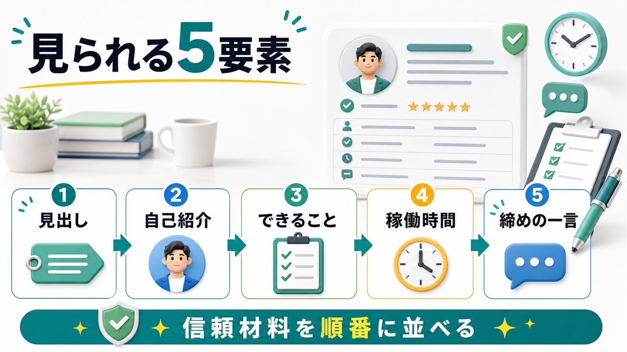 クライアントがプロフィールで見る5つの要素を説明する図解