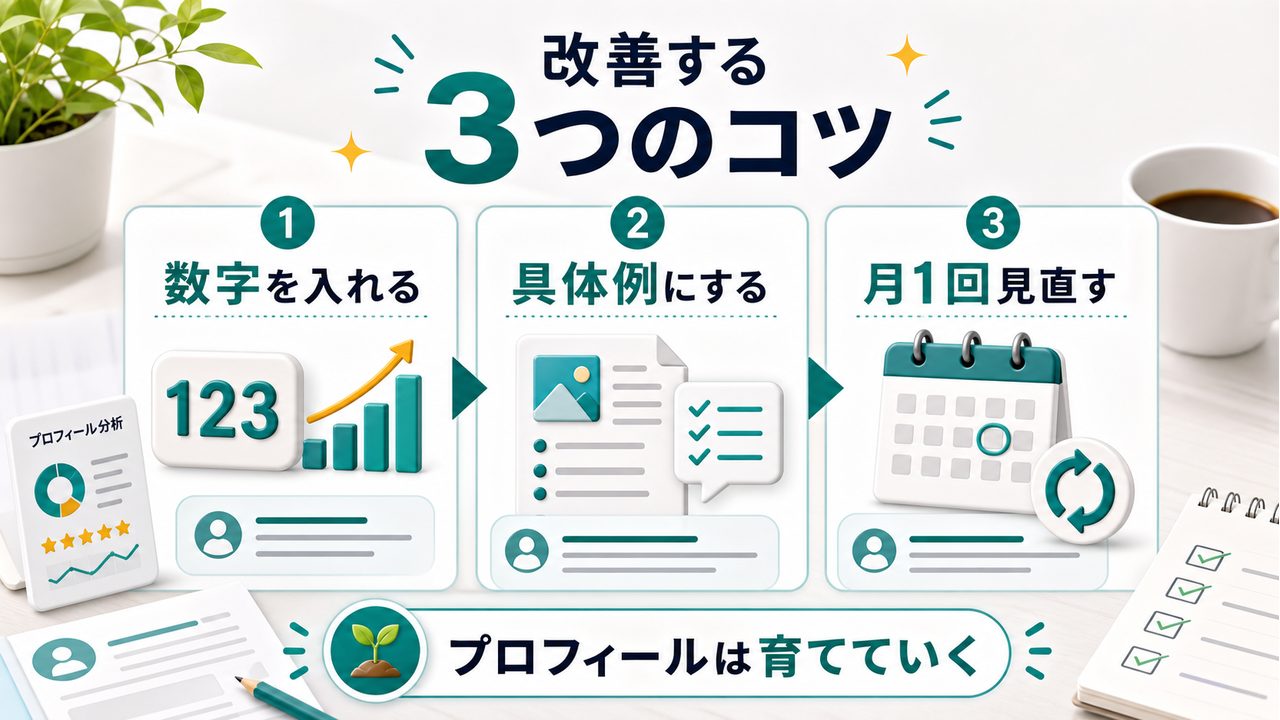 プロフィール文を改善する3つのコツを説明する図解
