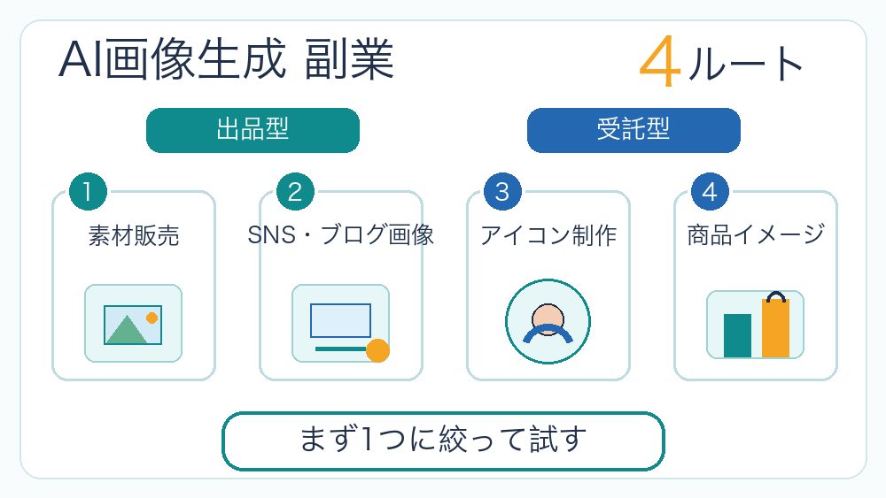 AI画像生成副業の主な稼ぎ方を4ルートで説明する図解