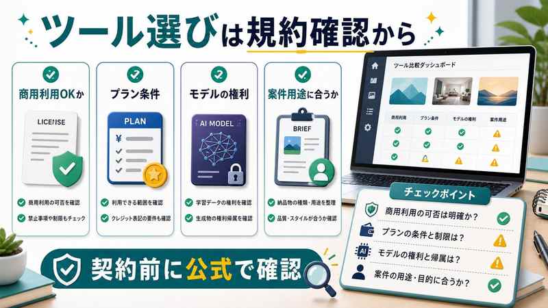 画像生成AIツールを商用利用前に確認するポイントの図解