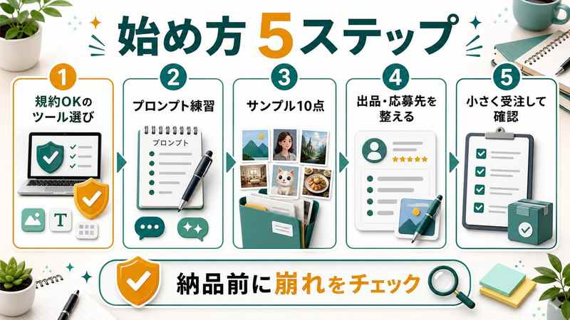 AI画像生成副業の始め方5ステップを説明する図解