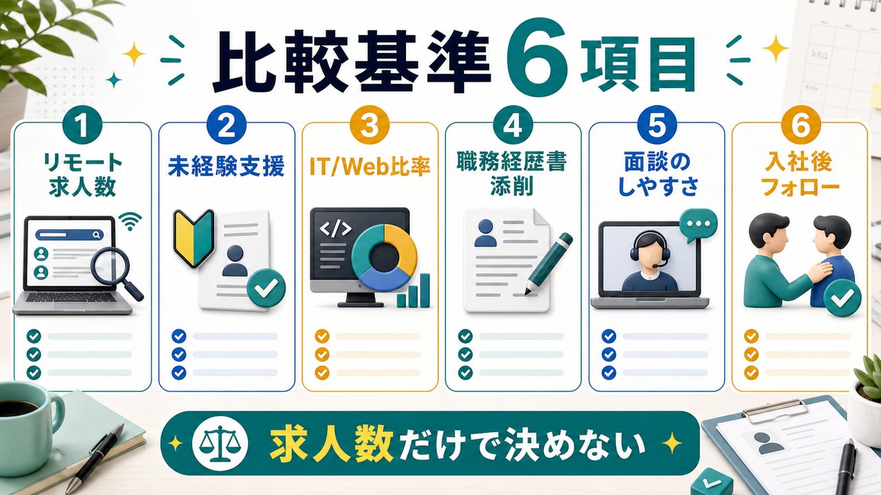 在宅転職エージェントを比較する6項目を説明する図解