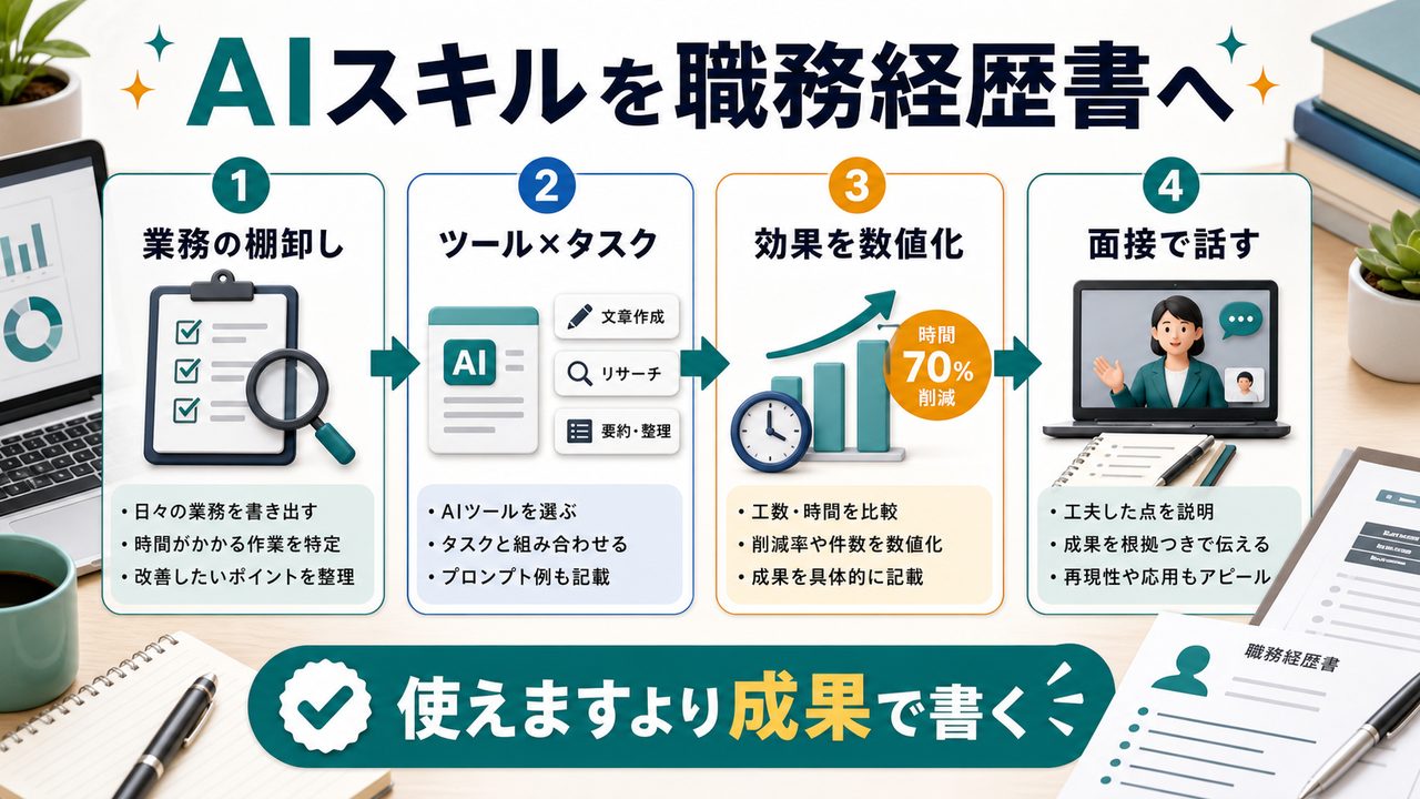 AIスキルを職務経歴書に落とし込む手順を説明する図解