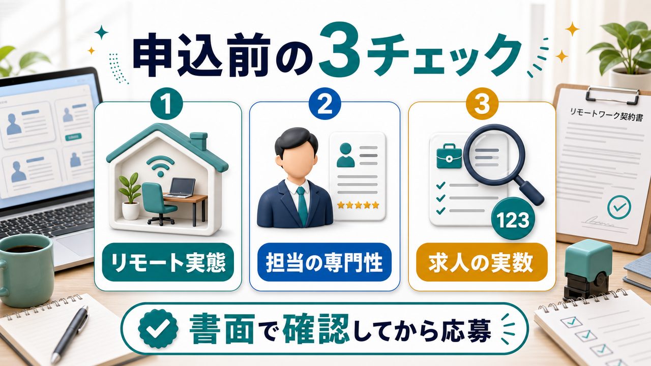 在宅転職エージェント申込前に確認すべき3項目を説明する図解
