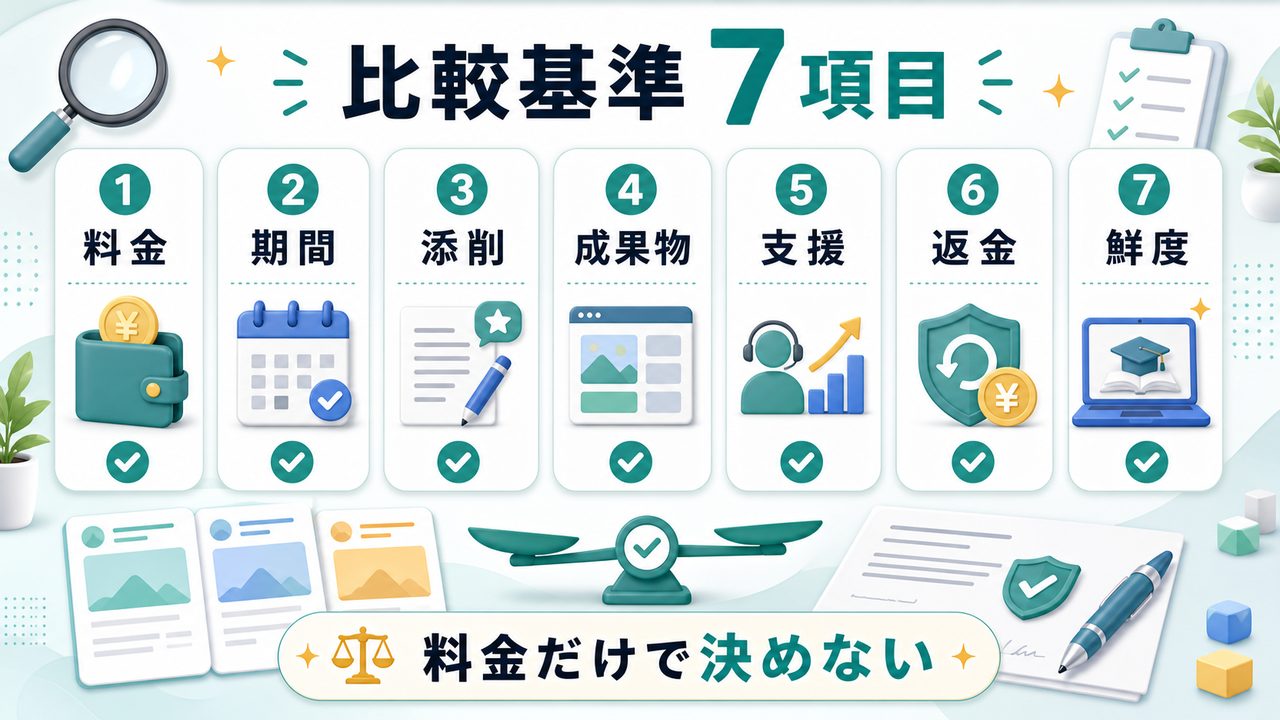 AIスクール比較で見るべき7項目を説明する図解