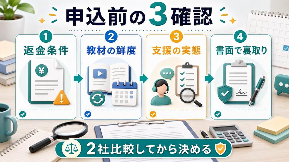 AIスクール申込前に確認する3項目を説明する図解