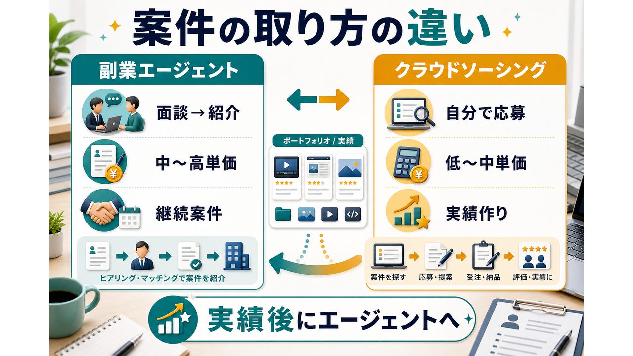 副業エージェントとクラウドソーシングの違いを説明する図解