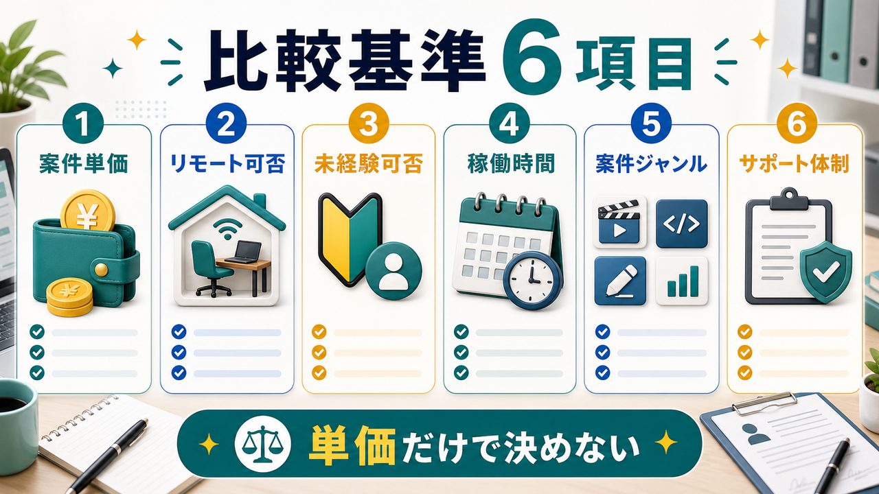 副業エージェントを比較する6項目を説明する図解