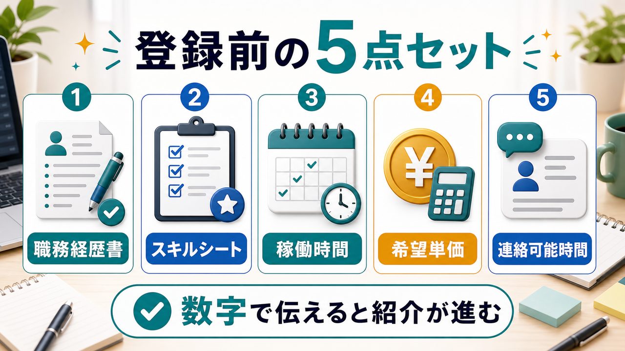 副業エージェント登録前に用意する5点を説明する図解