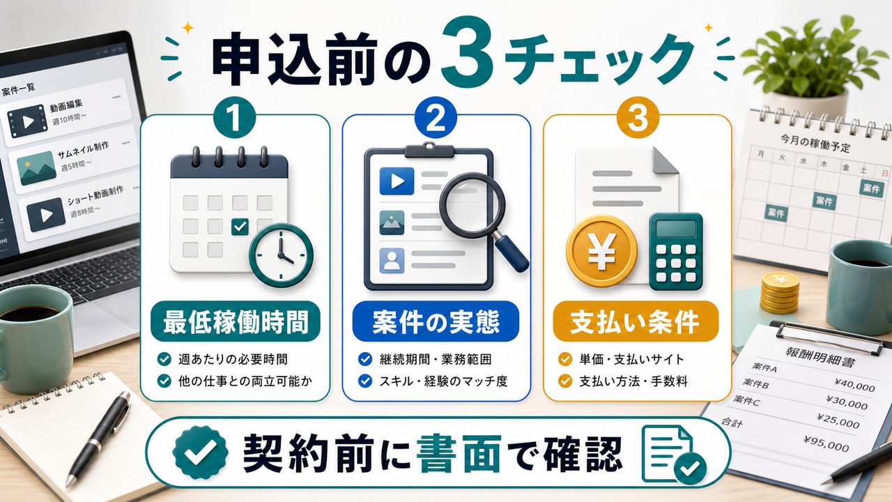 副業エージェント申込前に確認すべき3項目を説明する図解