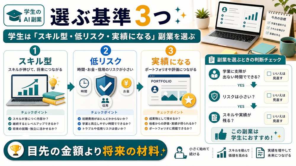 学生向けAI副業を選ぶ3つの基準を説明する図解