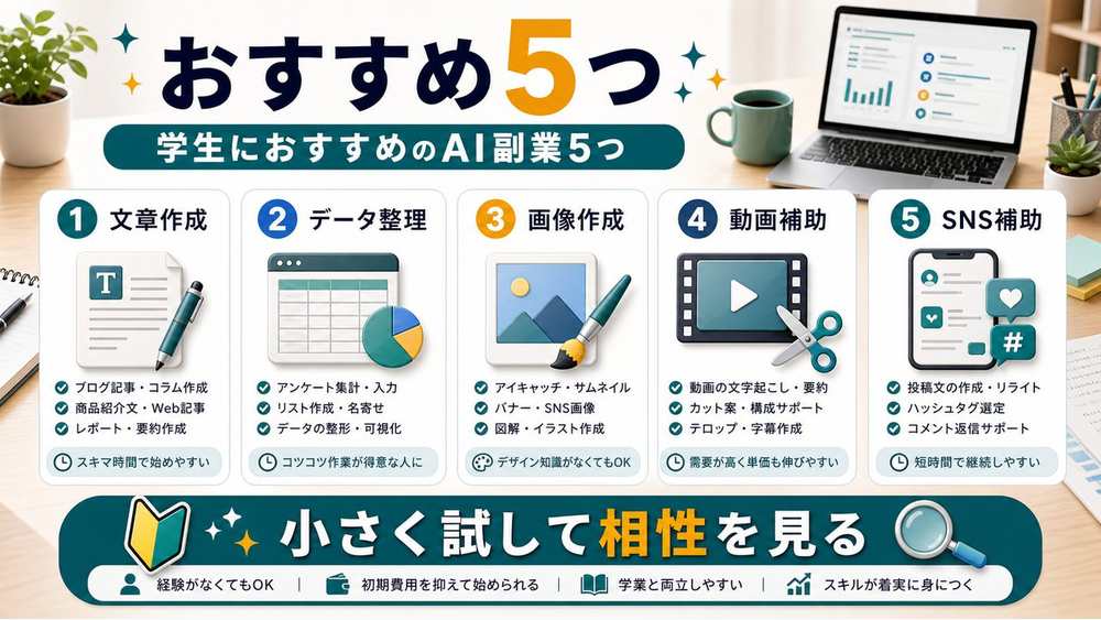 学生におすすめのAI副業5つを整理した図解