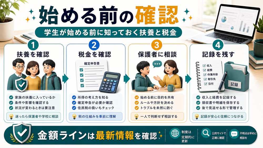 学生がAI副業を始める前の扶養と税金の確認ポイントを説明する図解