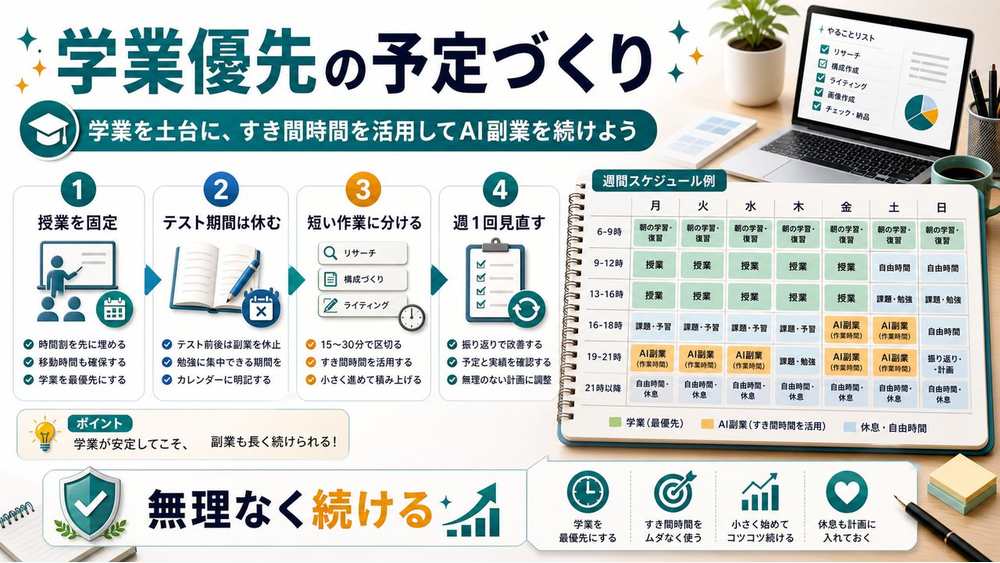 学業とAI副業を両立するスケジュールの組み方を説明する図解