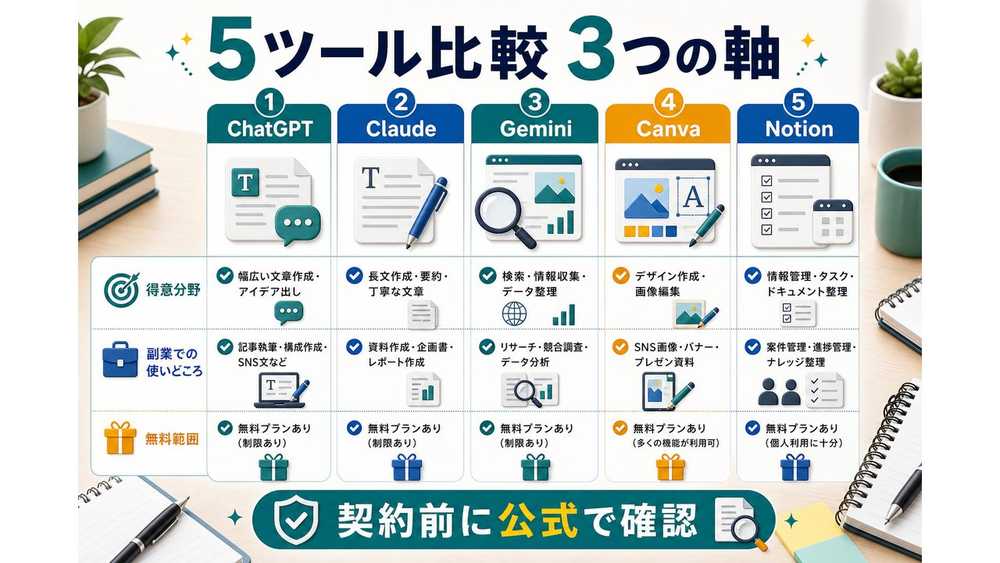 AI副業ツール5つを同じ軸で比較する図解