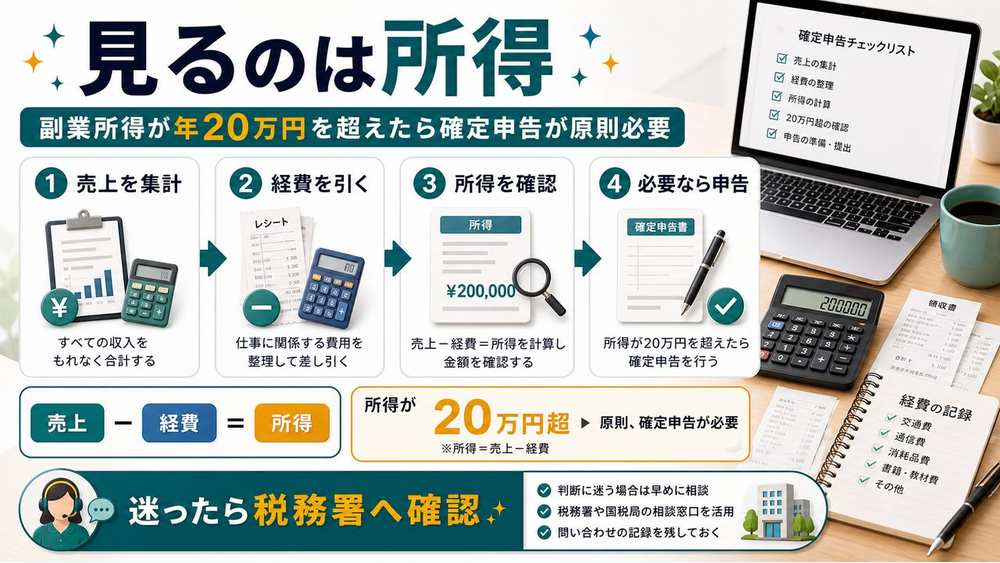 副業所得20万円超の確定申告目安を説明する図解