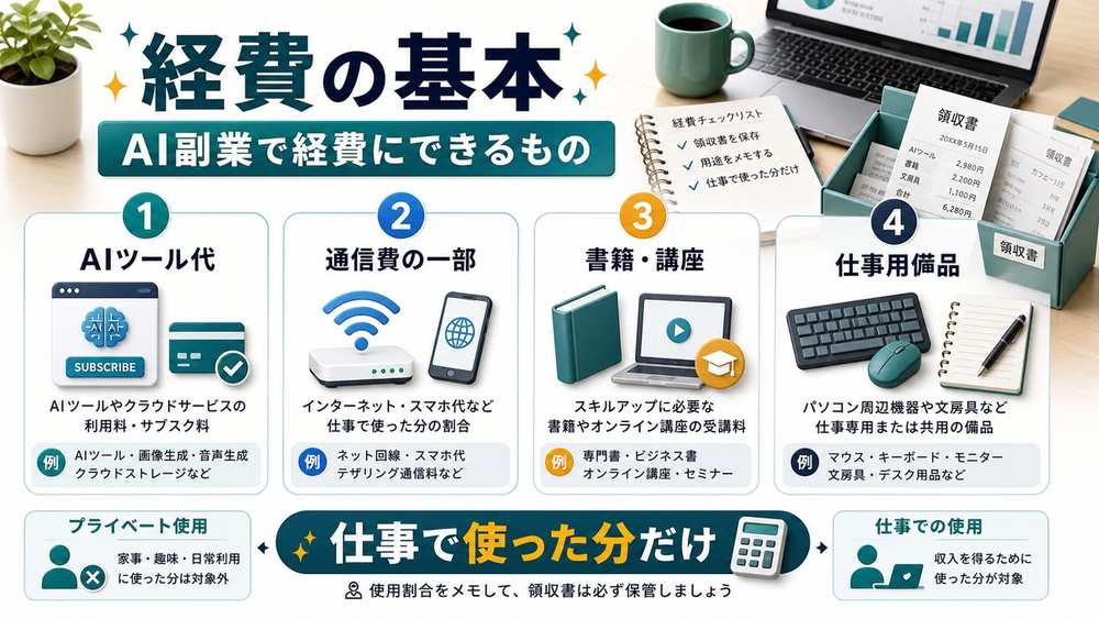 AI副業で経費にできるものを整理した図解