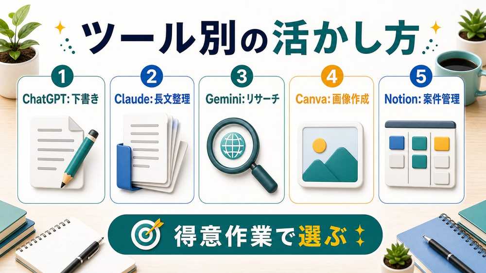 AI副業ツール別の活かし方を説明する図解