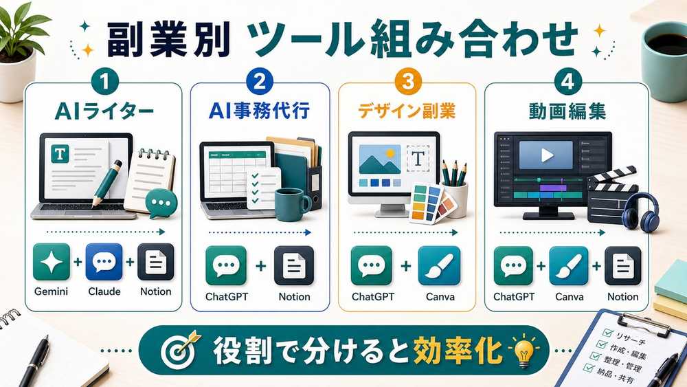 副業タイプ別のAIツール組み合わせ例を説明する図解