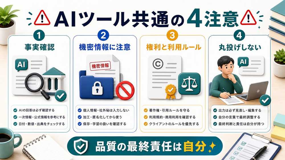 AIツールを使うときの共通注意点を説明する図解